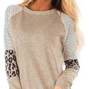 Women's Leopard Print Color Block Tunic Round Neck Long Sleeve Shirts Striped Ca